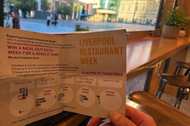 Liverpool Restaurant Week foodie passport with venue stamps inside a Liverpool restaurant