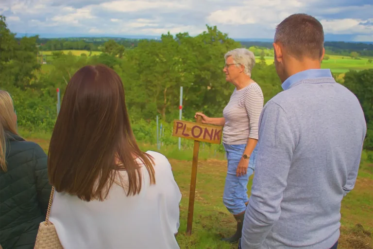 Guests enjoying a guided vineyard tour at Goldford Wine in Cheshire
