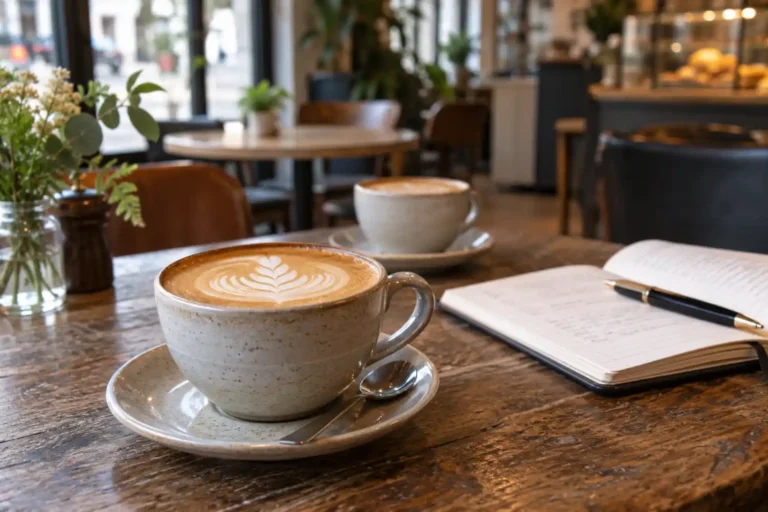 Two lattes and an open notebook on a café table during an informal business meeting
