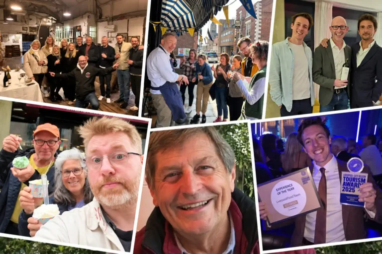 Photo collage of Walking Food Tours UK hosts, food and drink experiences, and a tourism award celebration